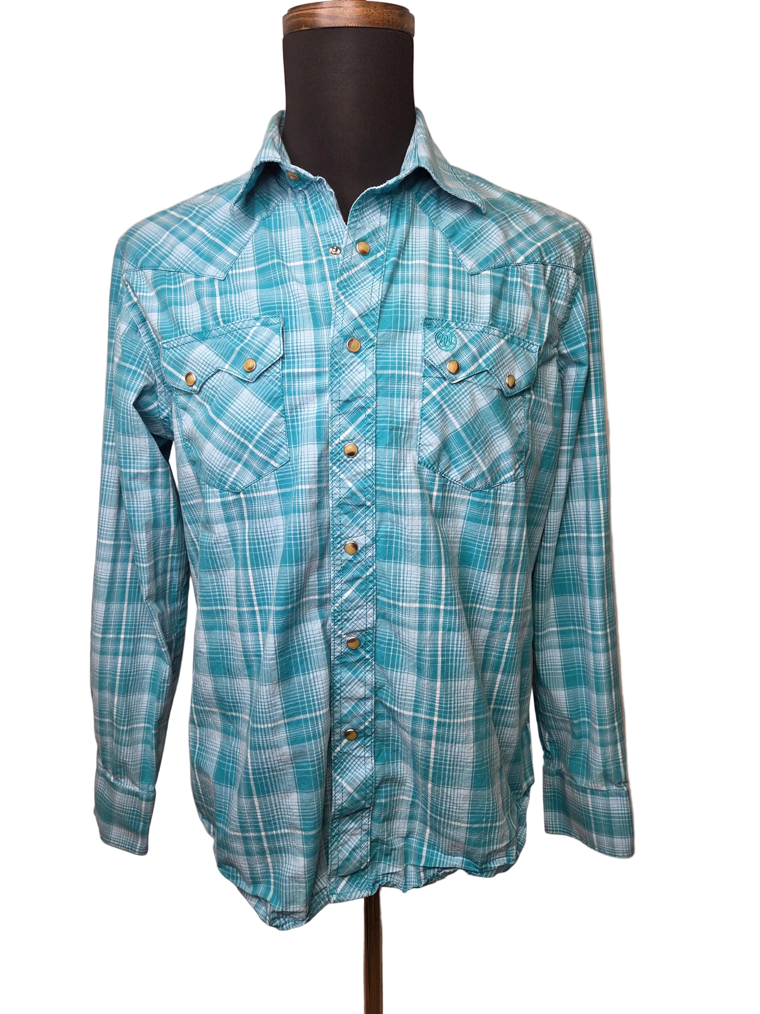 Wrangler Retro Western Shirts Men's Button Up Teal Plaid Cotton Size L