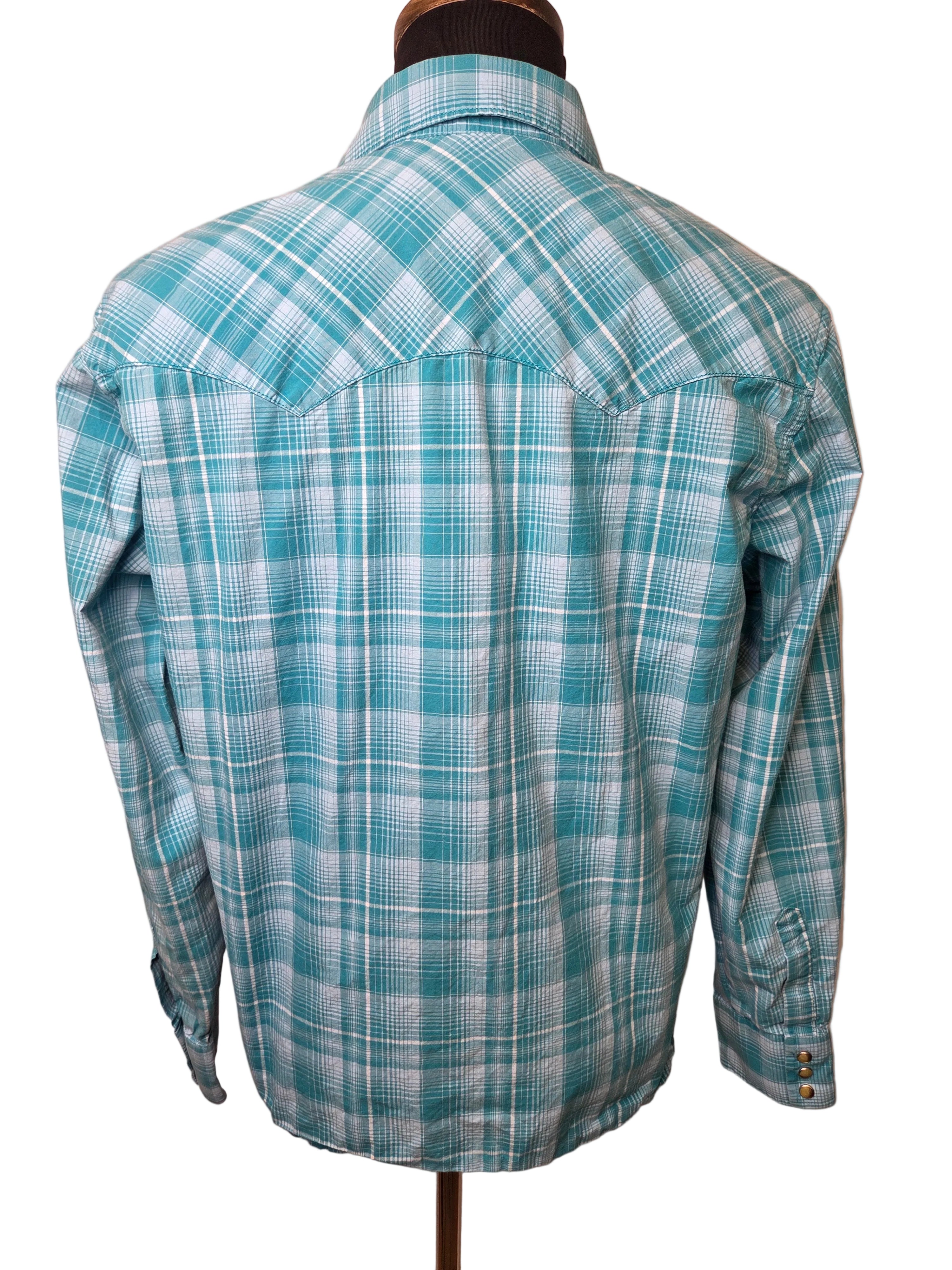 Wrangler Retro Western Shirts Men's Button Up Teal Plaid Cotton Size L