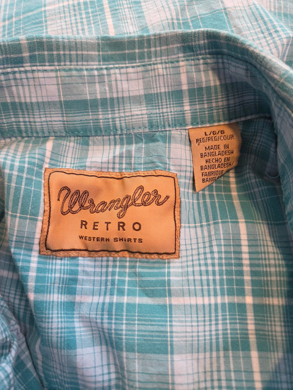 Wrangler Retro Western Shirts Men's Button Up Teal Plaid Cotton Size L