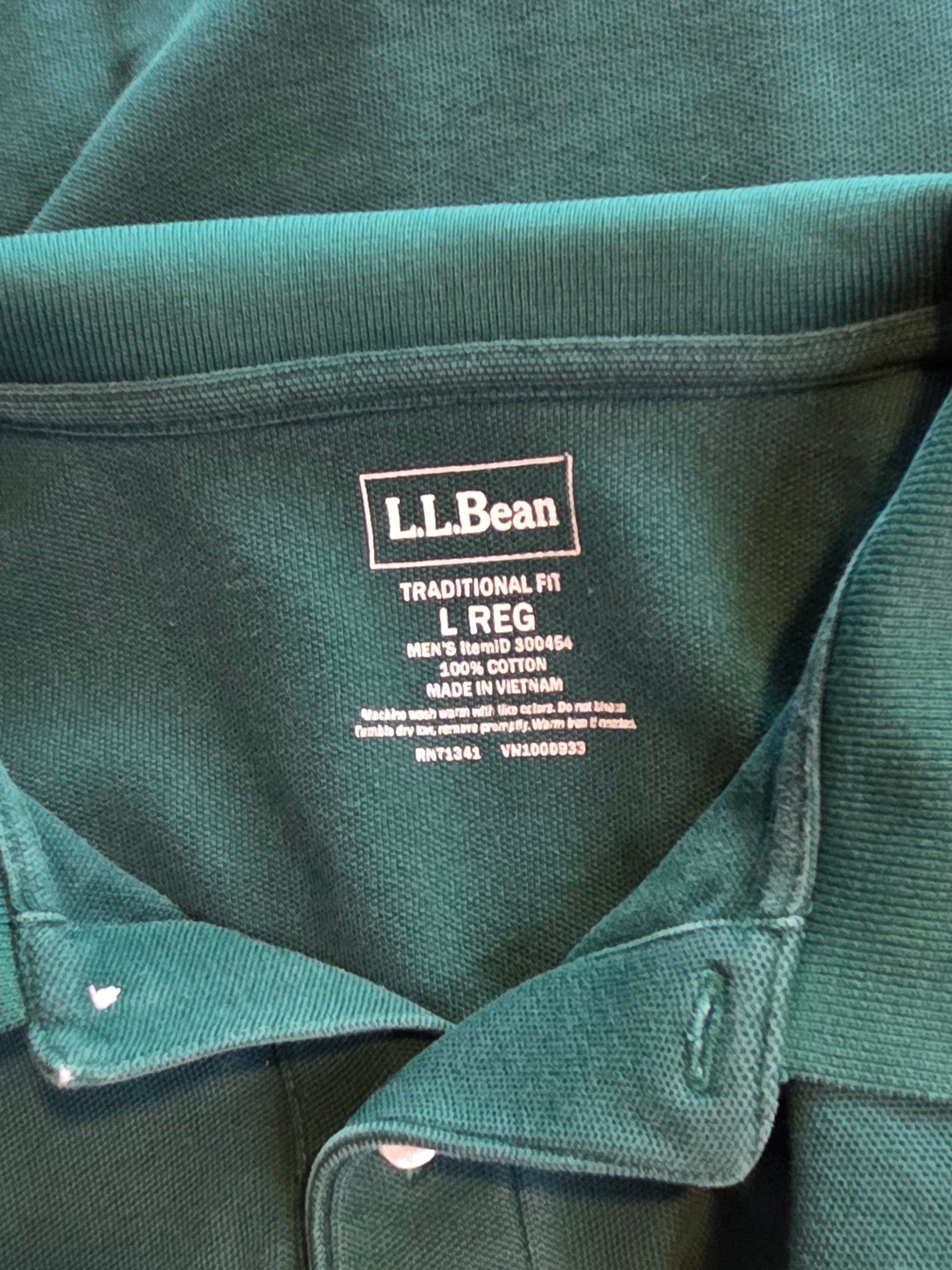 L. L. Bean Green Men's Polo Short Sleeve Shirt Cotton Traditional Fit Size L