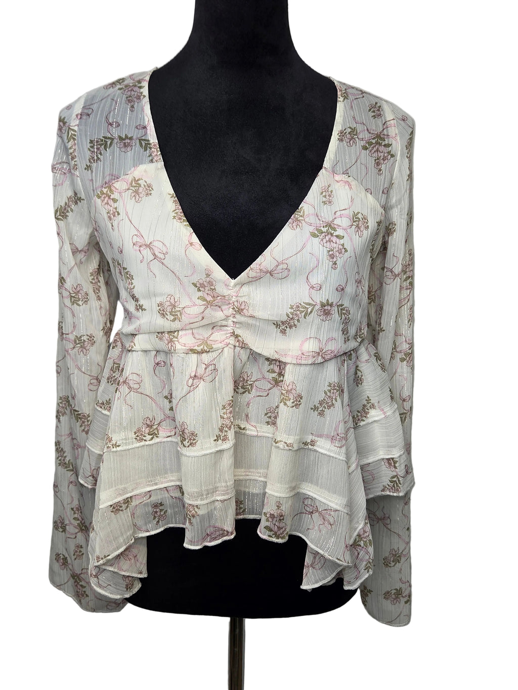 Self E Blouse Women's White Floral Metallic and Polyester Size XL