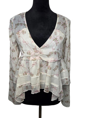 Self E Blouse Women's White Floral Metallic and Polyester Size XL