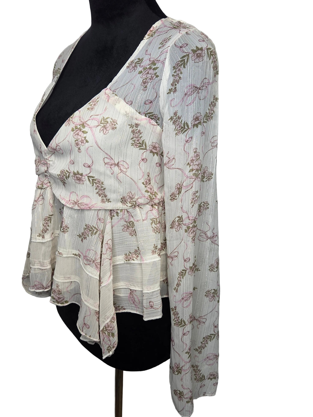 Self E Blouse Women's White Floral Metallic and Polyester Size XL