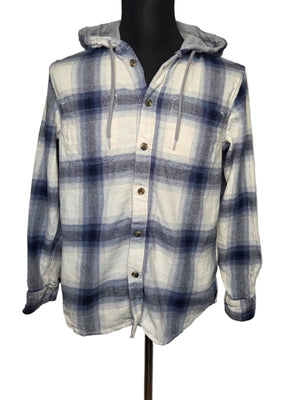 Old Navy Men's White Gray Blue Plaid Hooded Button Up Cotton Shirt Size Medium