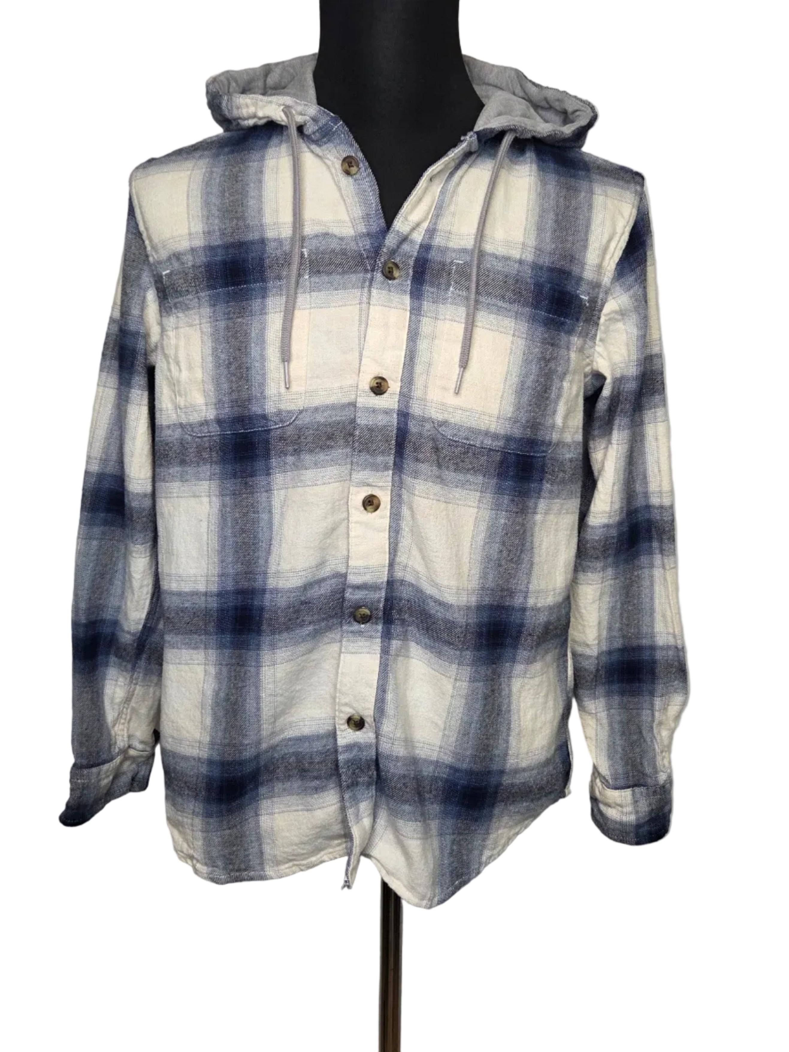 Old Navy Men's White Gray Blue Plaid Hooded Button Up Cotton Shirt Size Medium