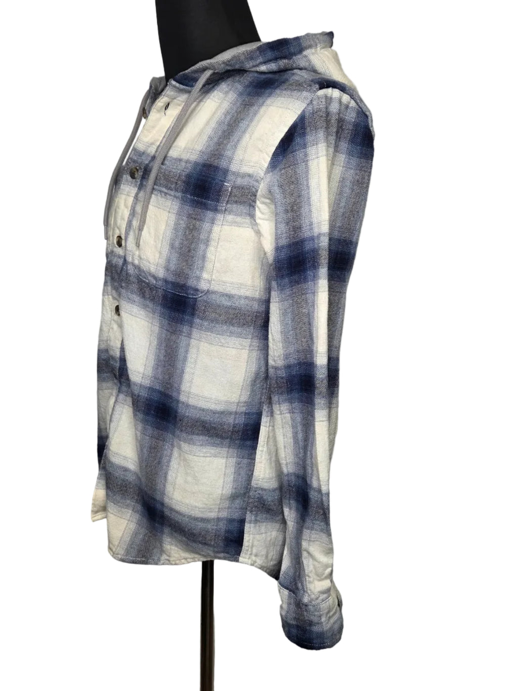 Old Navy Men's White Gray Blue Plaid Hooded Button Up Cotton Shirt Size Medium