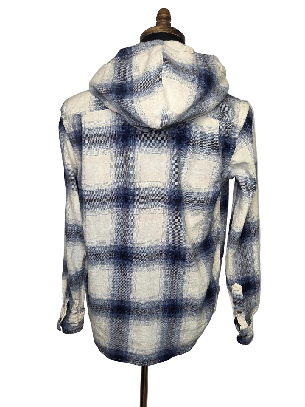 Old Navy Men's White Gray Blue Plaid Hooded Button Up Cotton Shirt Size Medium