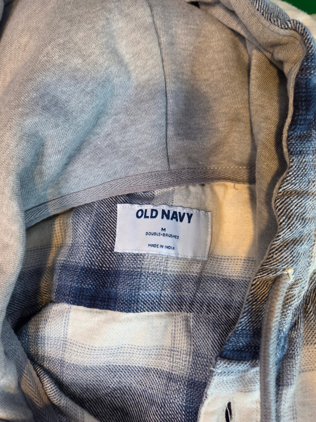 Old Navy Men's White Gray Blue Plaid Hooded Button Up Cotton Shirt Size Medium