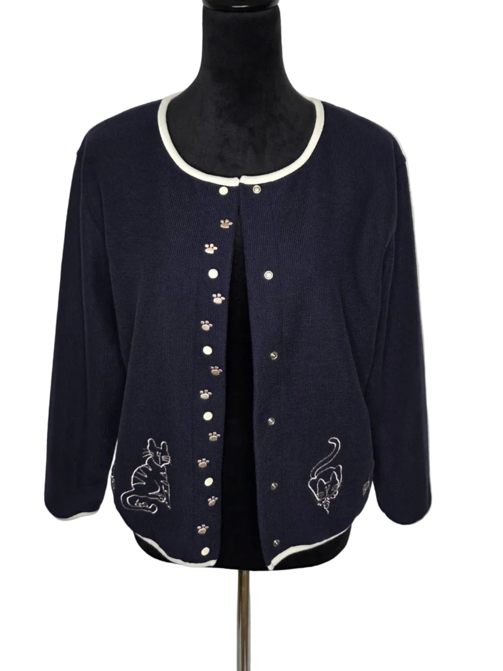 CHRISTOPHER & BANKS BLUE CARDIGAN CAT EMROIDERED POLYESTER COTTON SIZE S