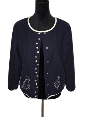 CHRISTOPHER & BANKS BLUE CARDIGAN CAT EMROIDERED POLYESTER COTTON SIZE S