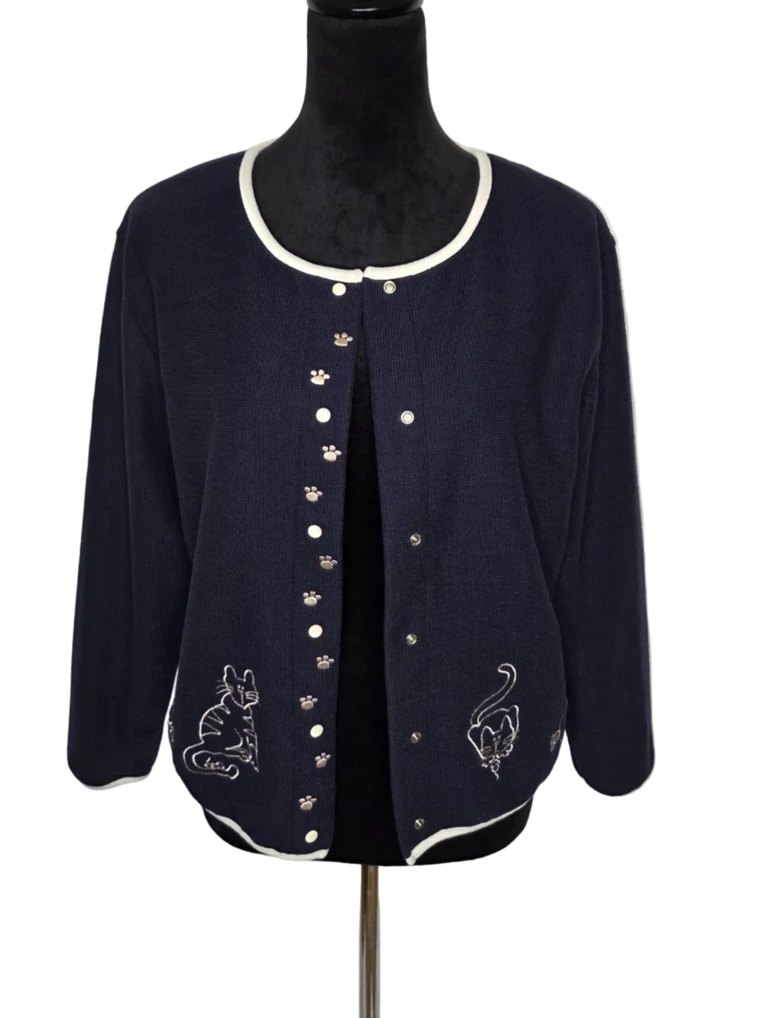 CHRISTOPHER & BANKS BLUE CARDIGAN CAT EMROIDERED POLYESTER COTTON SIZE S