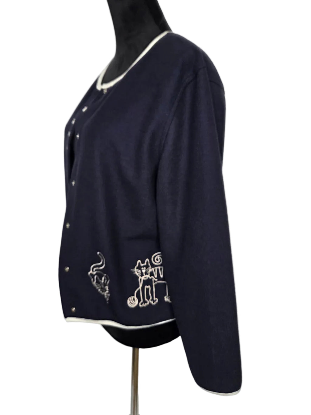 CHRISTOPHER & BANKS BLUE CARDIGAN CAT EMROIDERED POLYESTER COTTON SIZE S