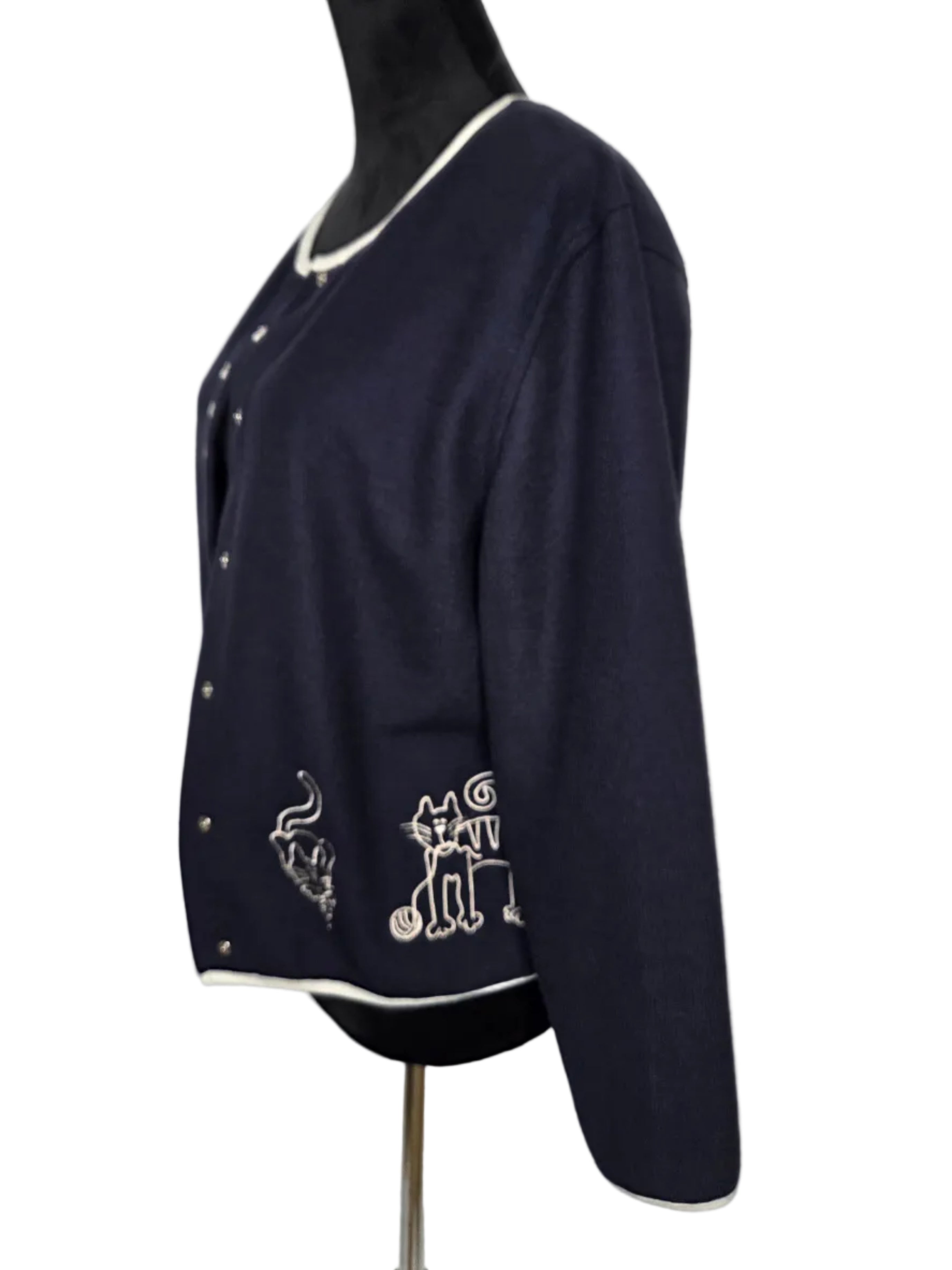 CHRISTOPHER & BANKS BLUE CARDIGAN CAT EMROIDERED POLYESTER COTTON SIZE S
