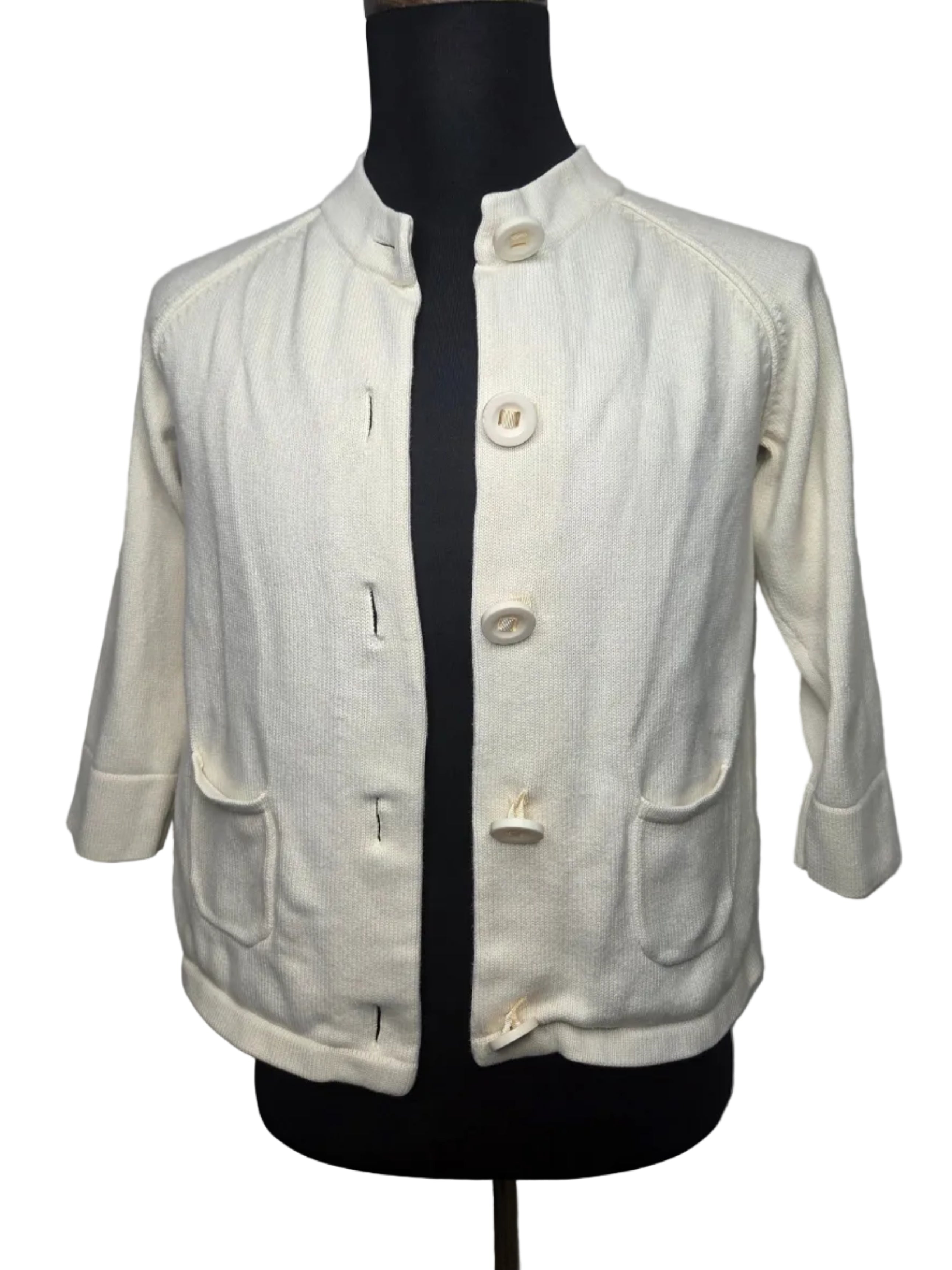 L.L.Bean Vintage Cream Cardigan Madarin Style Collar Cotton Blend Women's Size M