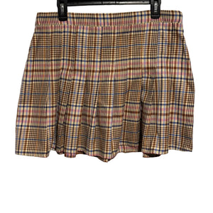 Next Women's Pleated Skirt Tan Base Pink Blue Plaid Polyester Viscose Size 14